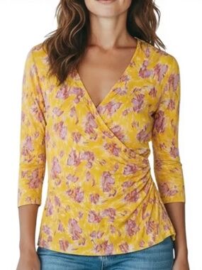 DVF Silk Crepe Wrap Blouse Yellow Floral V Neck Lightweight Top Medium